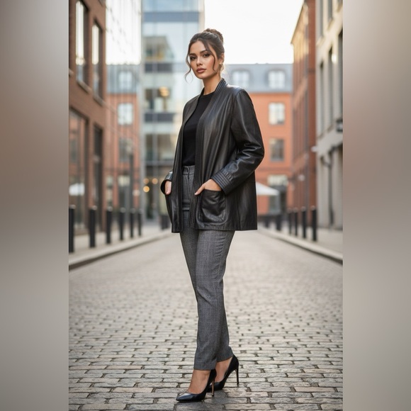 Black Leather Open Front Minimalist Jacket – Women’s Size 12 - Picture 3 of 16